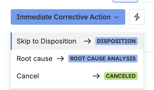 The status menu on a nonconformity in Immediate corrective action, with Skip to disposition, Root cause, and Cancel as the available transitions.