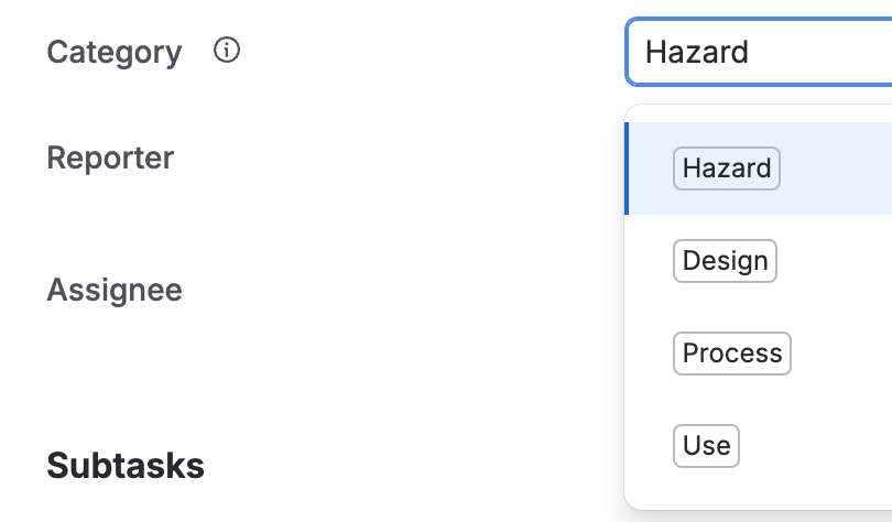 The Category field open on a safety risk, offering Hazard, Design, Process, and Use.