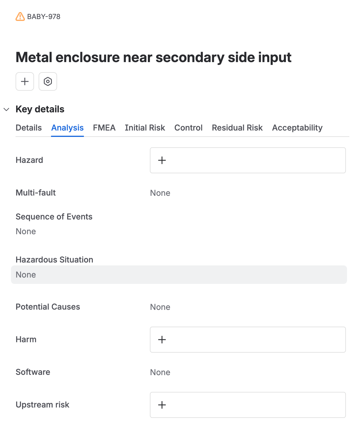 The Analysis tab of a safety risk, with Hazard, Multi-fault, Sequence of Events, Hazardous Situation, Potential Causes, Harm, Software, and Upstream risk.
