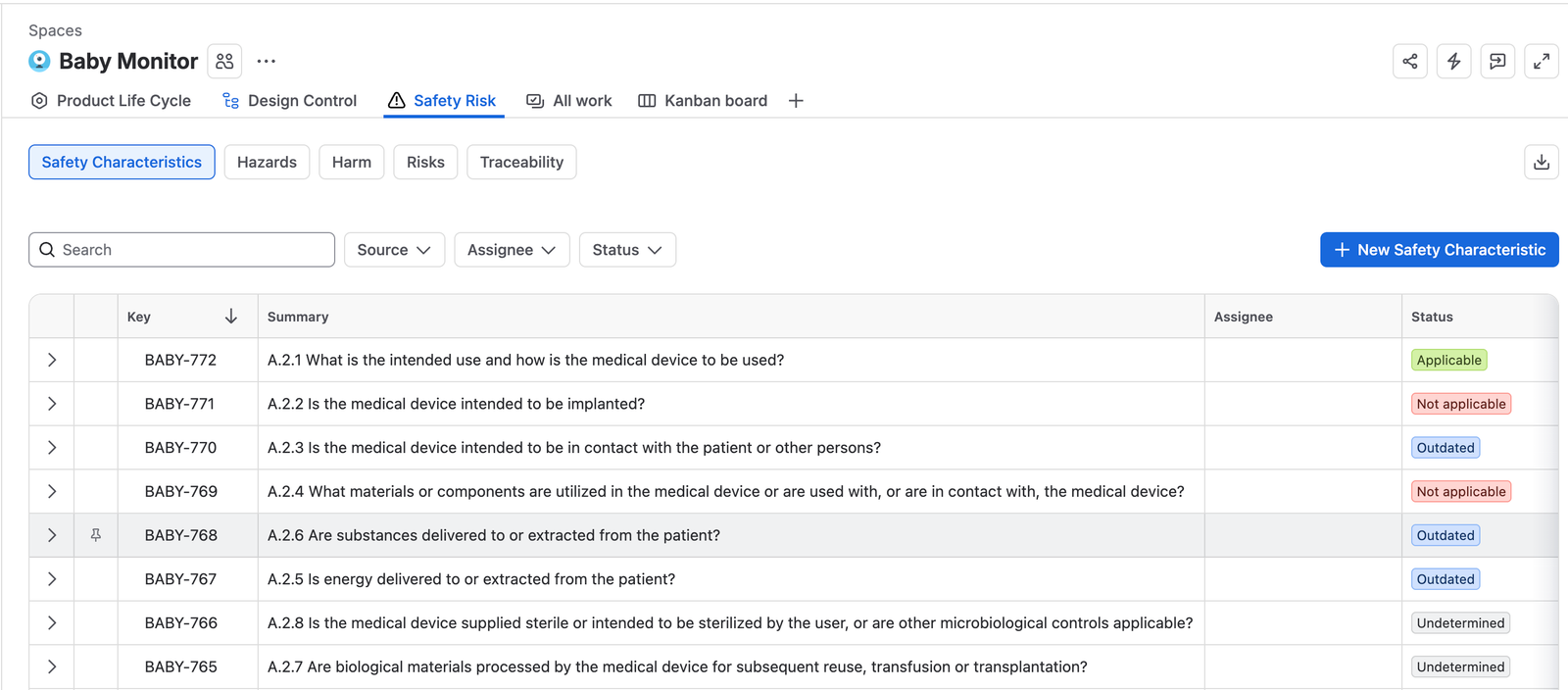 The Safety Characteristics tab, listing characteristics as the questions the standards ask, each with a status of Applicable, Not applicable, Outdated, or Undetermined.