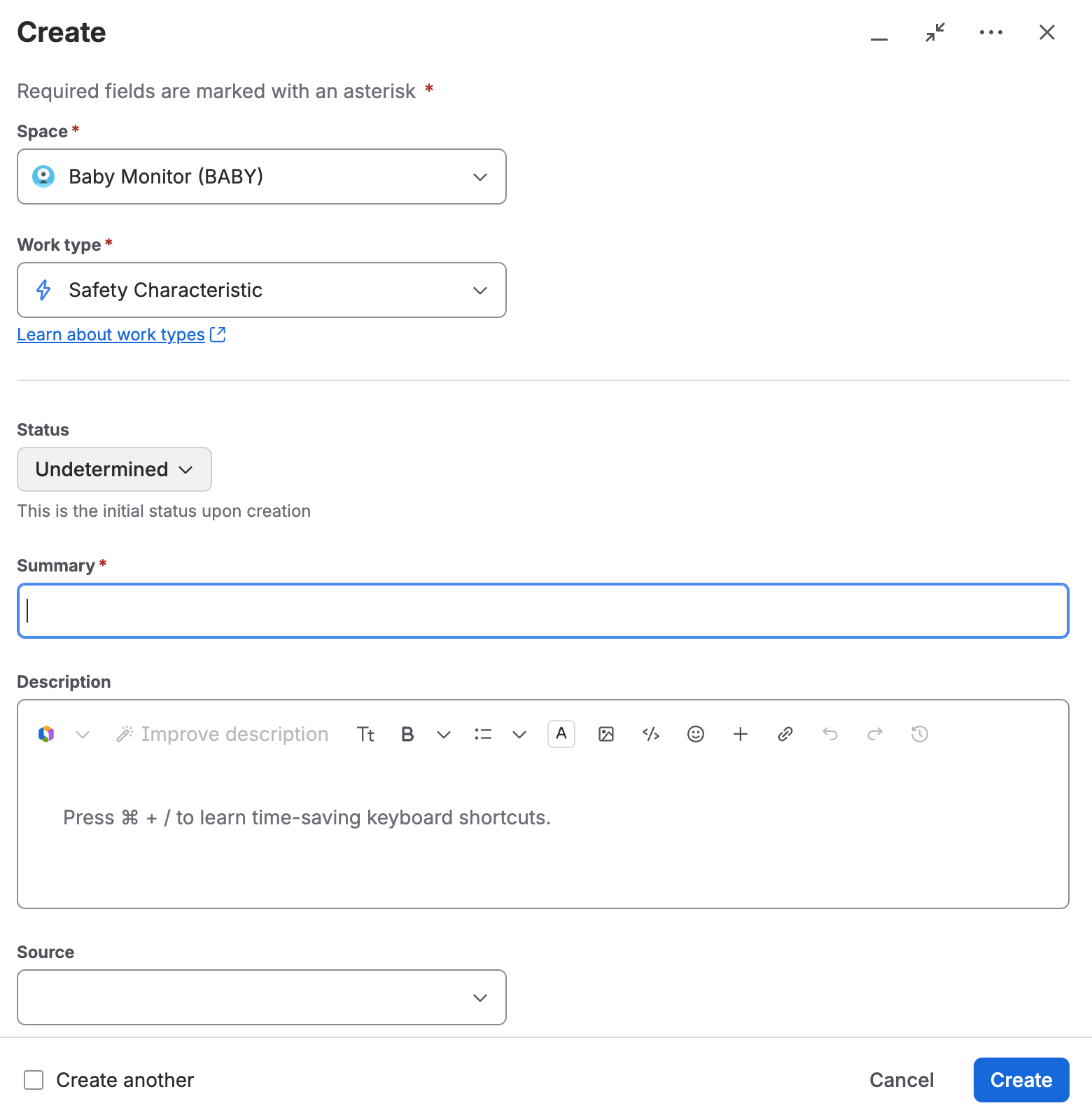 The create dialog, with the work type set to Safety Characteristic and the status showing Undetermined, labelled as the initial status upon creation.