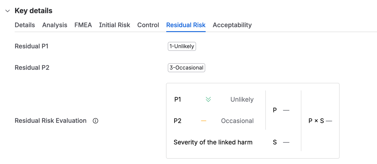 The Residual Risk tab, with residual P1 set to Unlikely and P2 to Occasional, and the evaluation panel combining them with the severity of the linked harm.