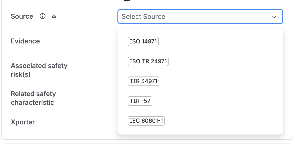 The Source field open on a hazard, offering ISO 14971, ISO TR 24971, TIR 34971, TIR 57, and IEC 60601-1.