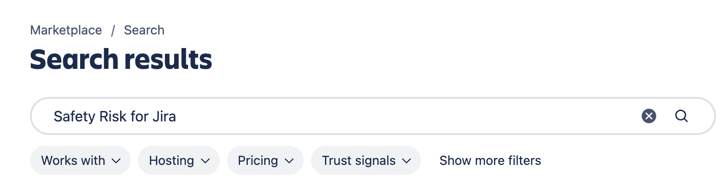 The Marketplace search bar with Safety Risk for Jira entered.