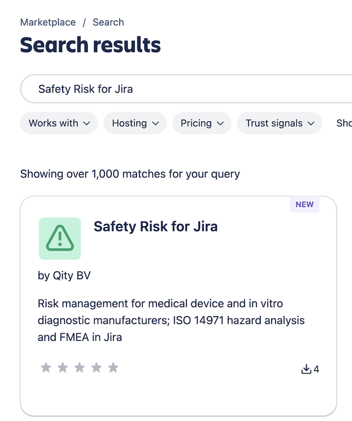 The search results, with Safety Risk for Jira by Qity BV at the top.