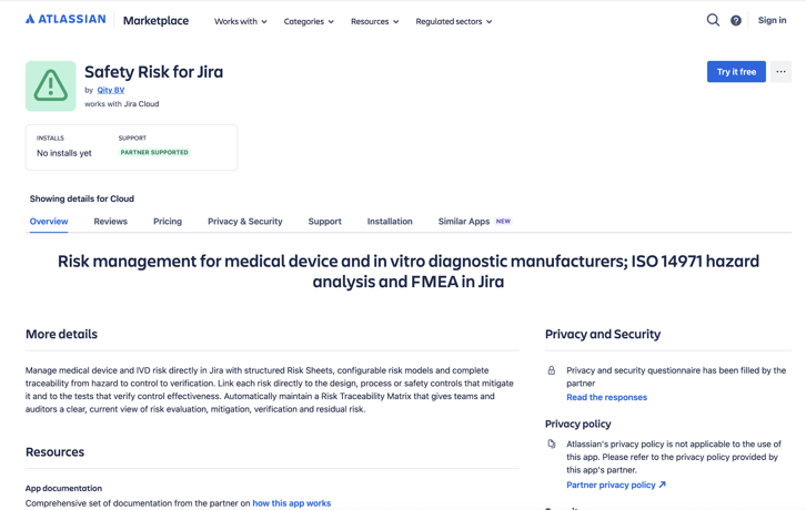 The Safety Risk for Jira listing, with its overview, privacy and security details, and the Try it free button.