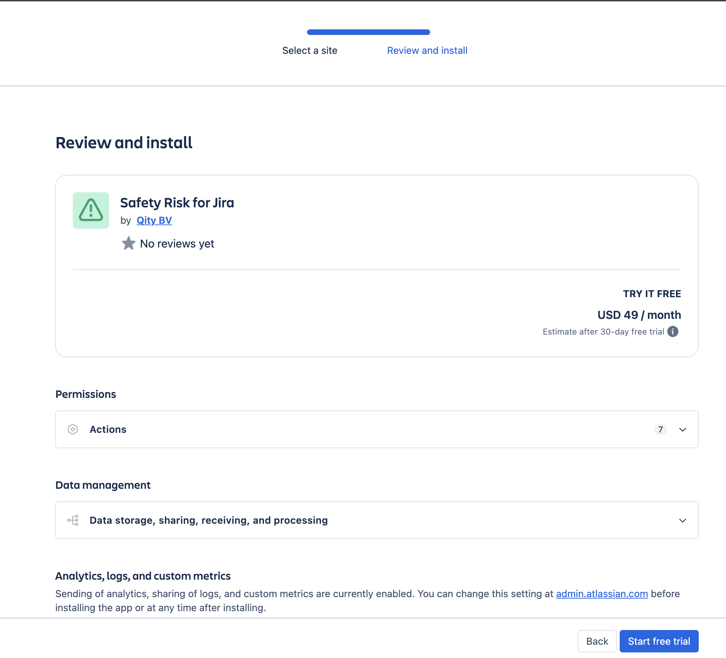 The Review and install step for Safety Risk for Jira, with Start free trial at the bottom.