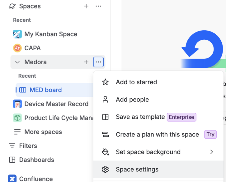 The space menu in the Jira side menu, with Space settings at the bottom.