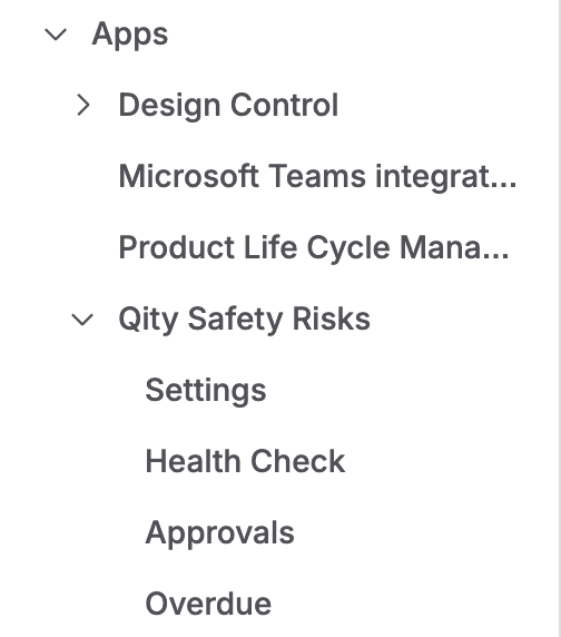 The Apps section of space settings, with Qity Safety Risks expanded to show Settings, Health Check, Approvals, and Overdue.