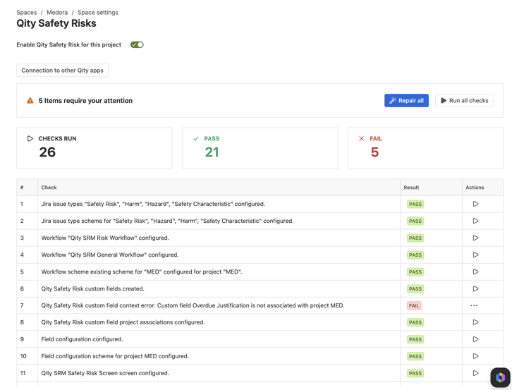 The health check results: 26 checks run, with the items that need attention marked FAIL.