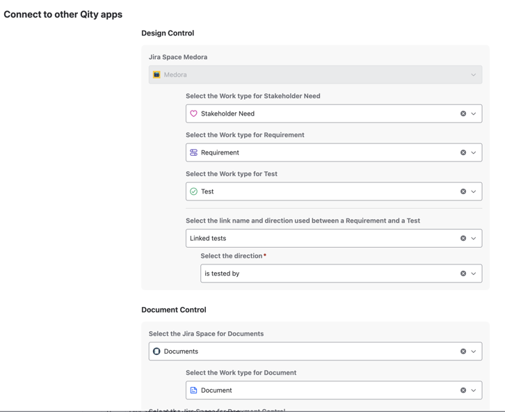 The Connection to other Qity apps dialog, with the Design Control and Document Control connections.