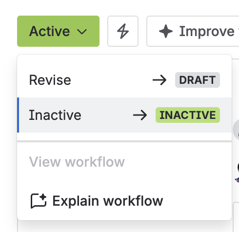The status menu on an active curriculum, offering Inactive.
