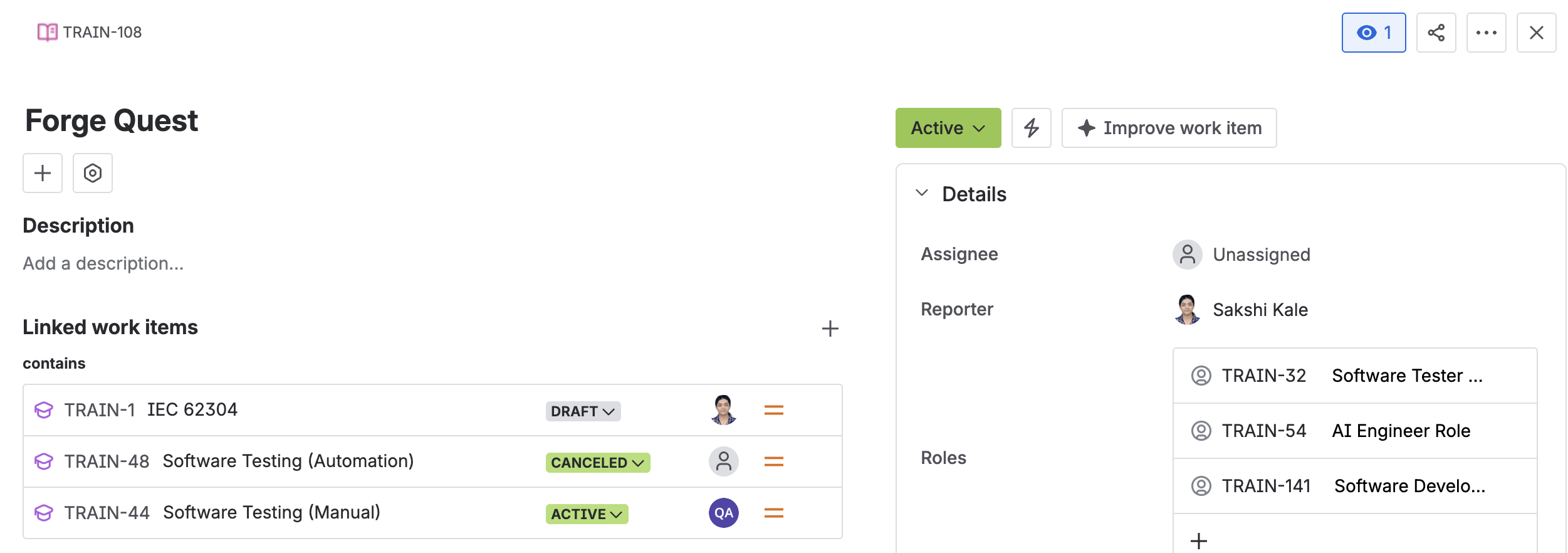 A curriculum in Active status, listing the training requirements it contains and the roles it applies to.