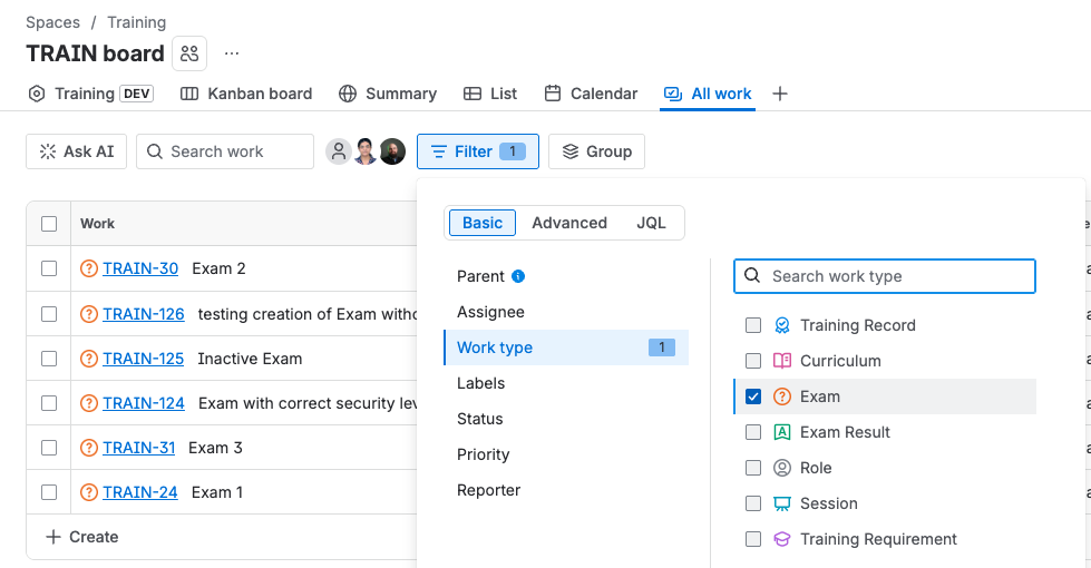 Exam work items listed in the Training space All work tab, filtered on the Exam work type.