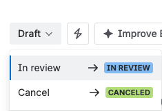 The status menu on a Draft exam, offering In review.