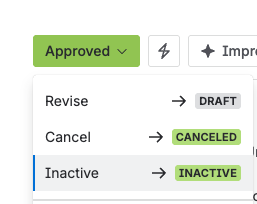 The status menu offering Inactive, to retire the old exam.