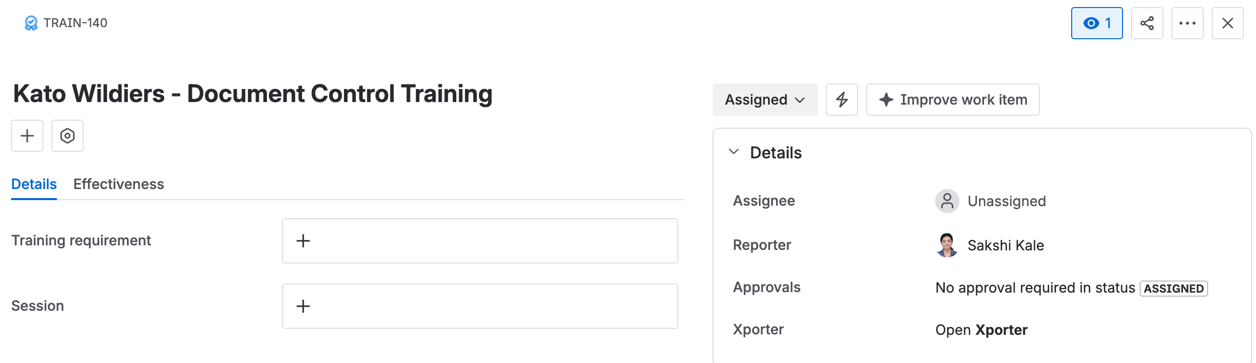 The details tab on a training record, with the training requirement and session links.