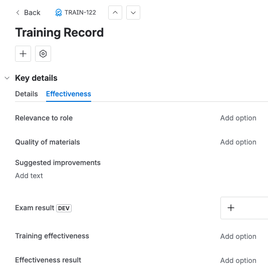 The effectiveness tab: relevance to role, quality of materials, suggested improvements, exam result, training effectiveness, and the effectiveness result.