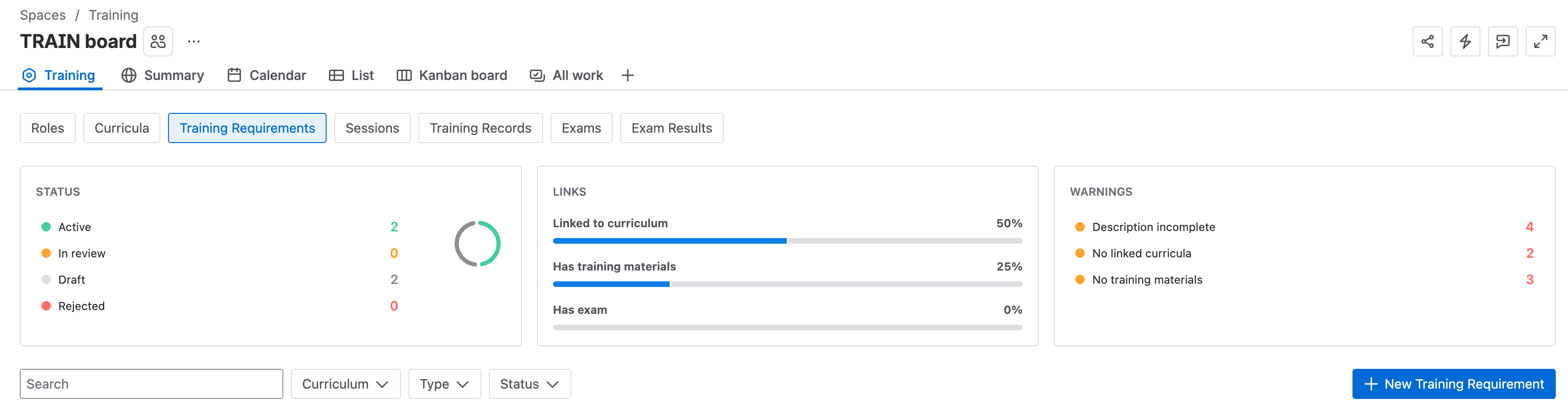 The Training Requirements view, with New Training Requirement at the right of the filter row.