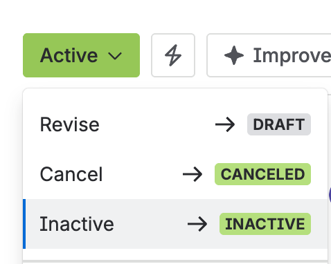 The status menu on an active requirement, offering Inactive.