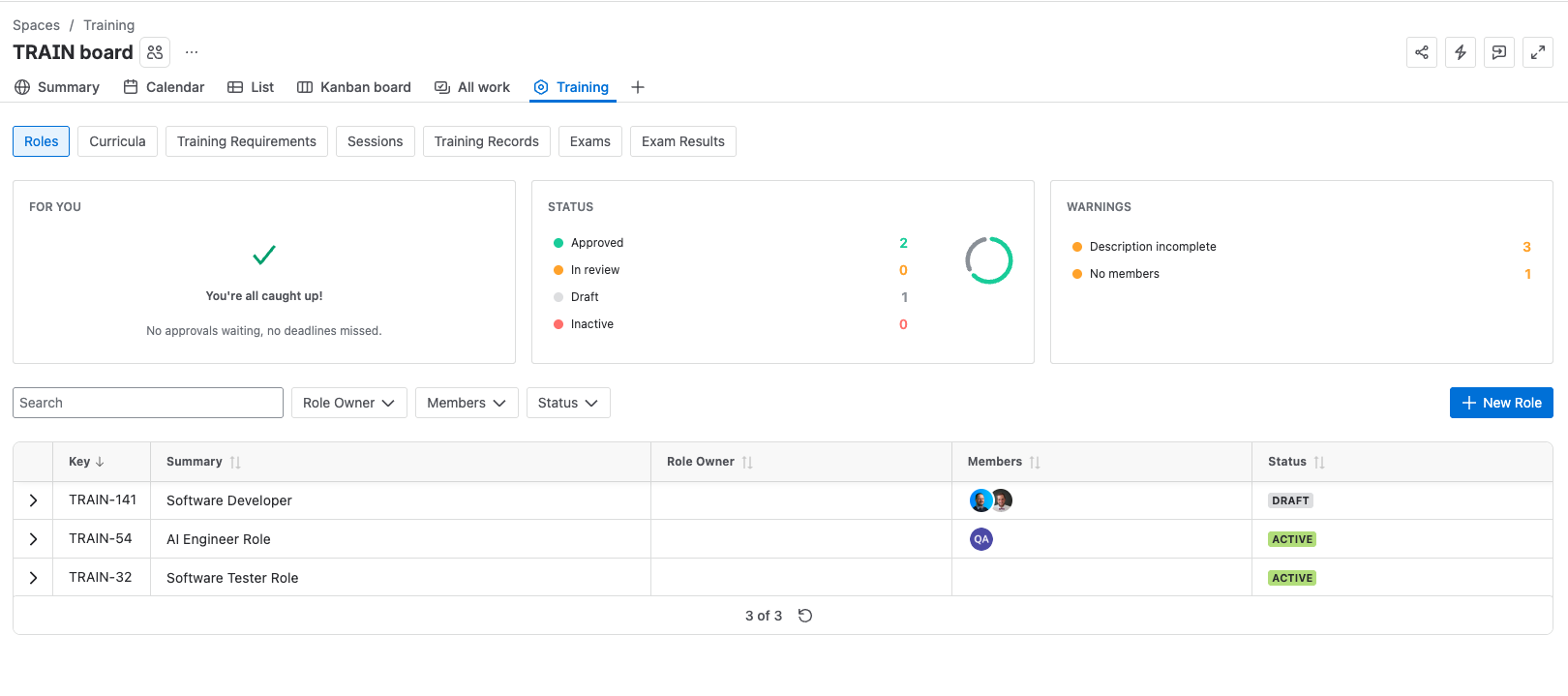 The Roles view on the Training dashboard, with New Role at the right of the filter row.