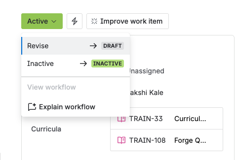 The status menu on an active role, offering Revise to move it back to Draft.