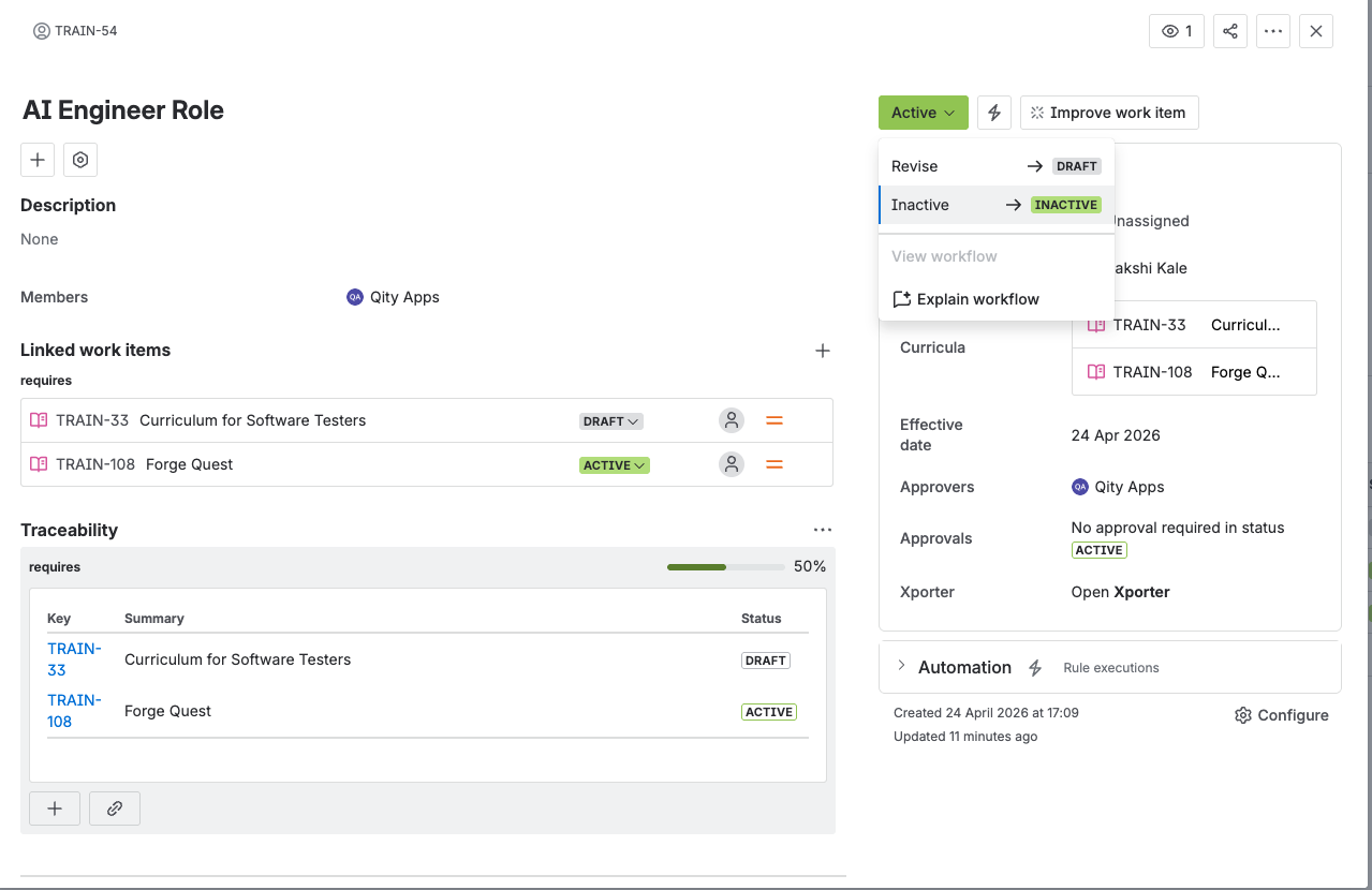 An active role with its status menu open, offering both Revise and Inactive.