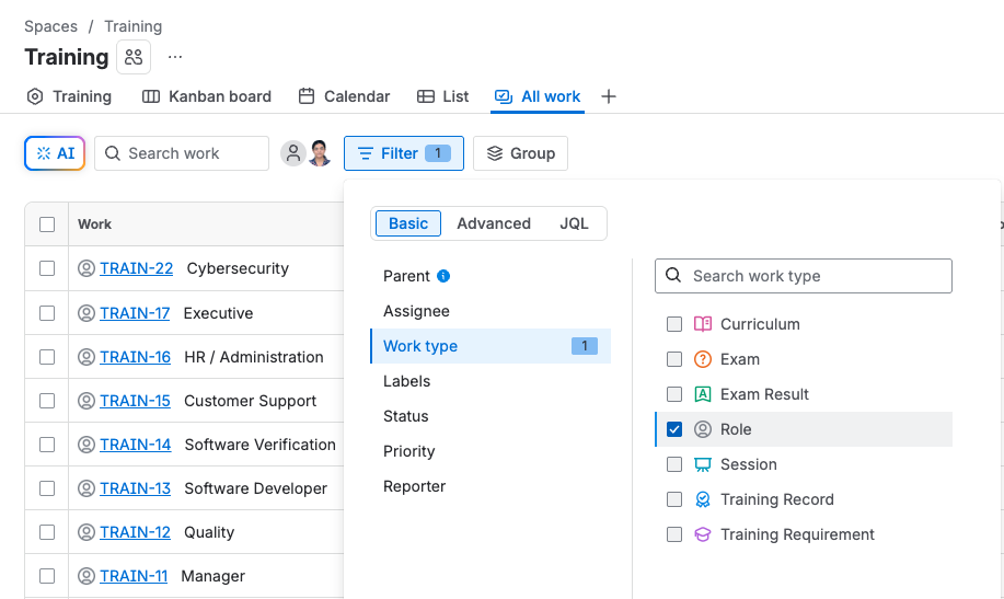 The Roles view, listing each role and its status.