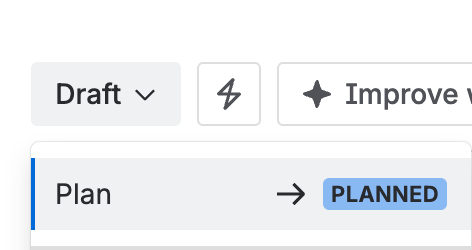 The status menu on a Draft session, offering Plan.