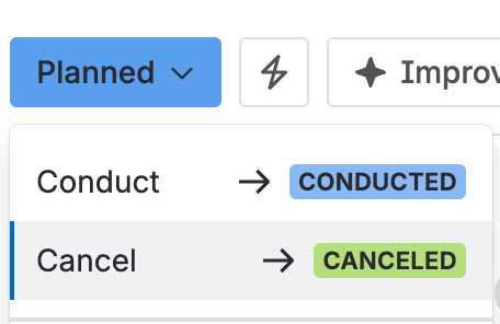 The status menu offering Cancel on a planned session.